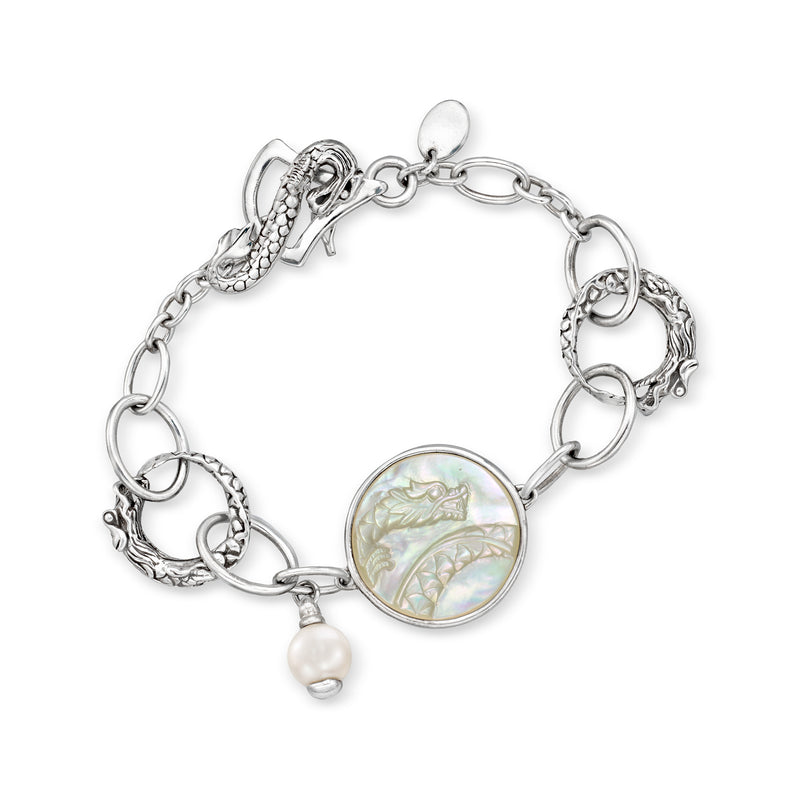 Sterling silver dragon bracelet with mother-of-pearl and cultured pearl