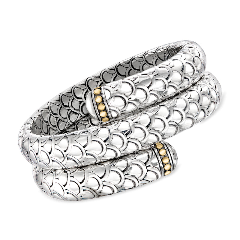 Sterling silver scale-pattern coiled bangle bracelet with two small 18kt yellow-gold insets