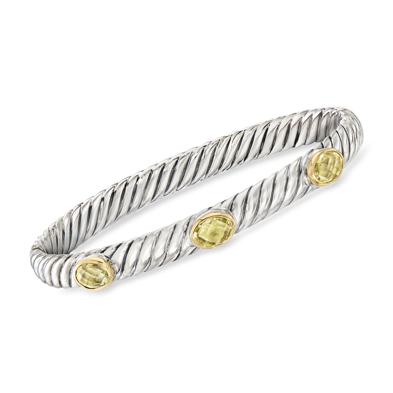 David Yurman sterling silver braided bangle with three oval lemon quartz in yellow gold
