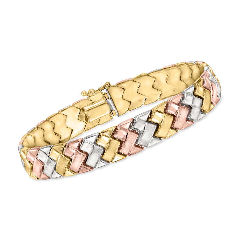 Vintage 14kt tri-colored gold chevron-link bracelet with hinged clasp, gold/rose/silver links