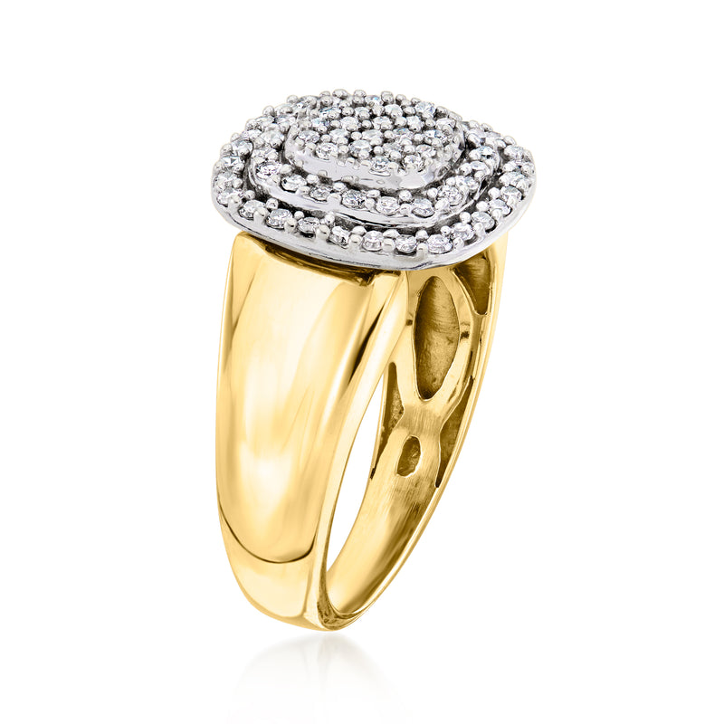Vintage diamond cluster ring in 10kt yellow gold, side profile with raised halo
