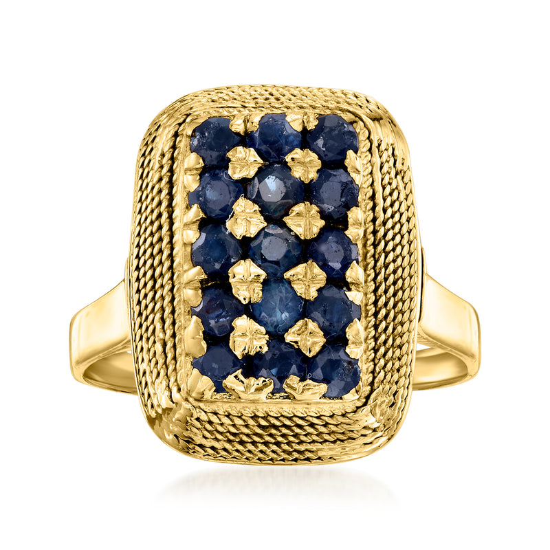 18kt yellow gold sapphire cluster ring with dark blue stones in textured bezel