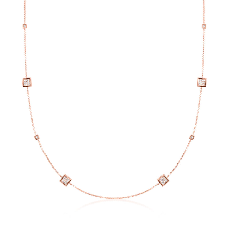 Reversible diamond station necklace with rose gold chain and black/white square links