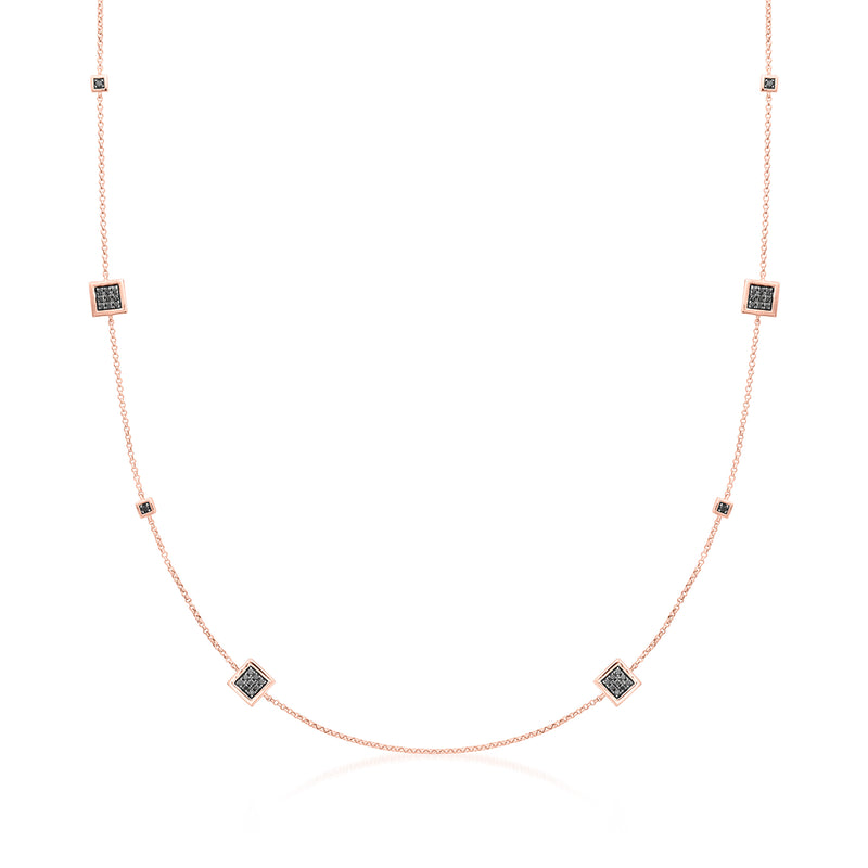Alternating black and white square diamond station necklace on rose gold chain