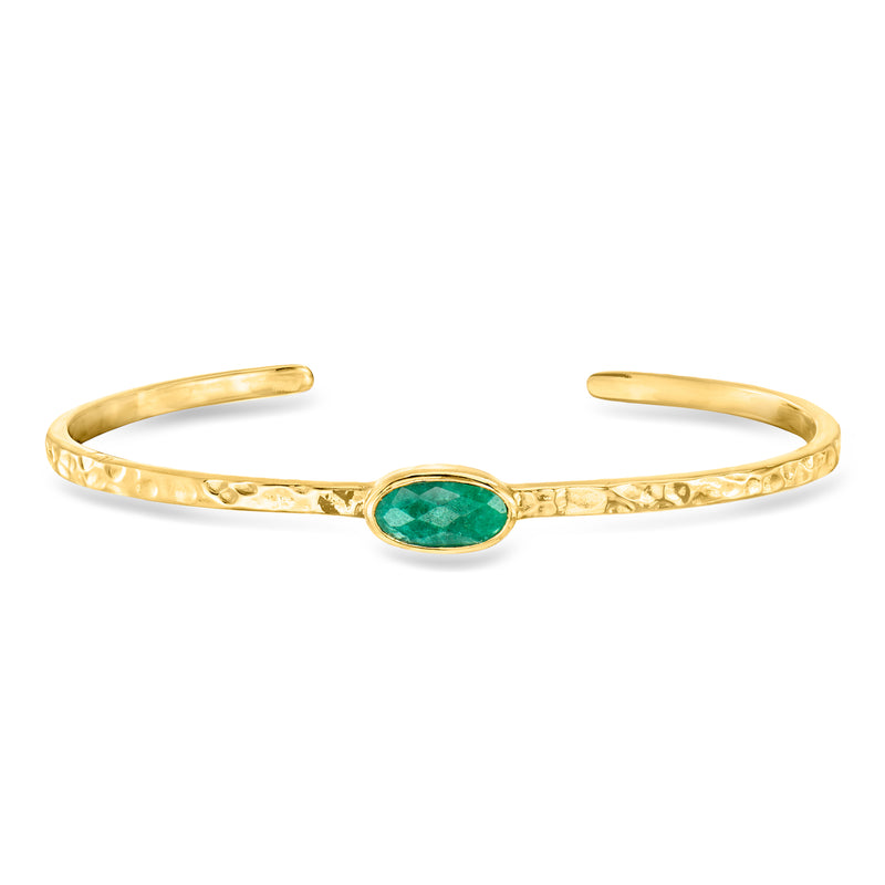 Emerald hammered cuff bracelet in 18kt gold over sterling with oval green gemstone