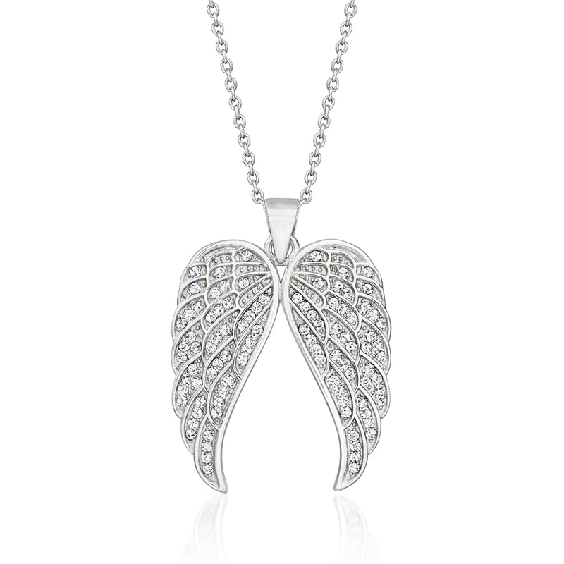Sterling silver angel wings pendant necklace with CZ stones