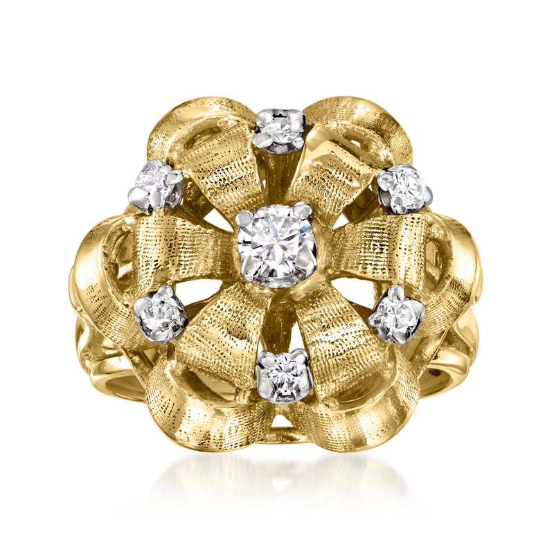 Vintage 18kt yellow gold diamond bow ring with round-cut stones, round top view