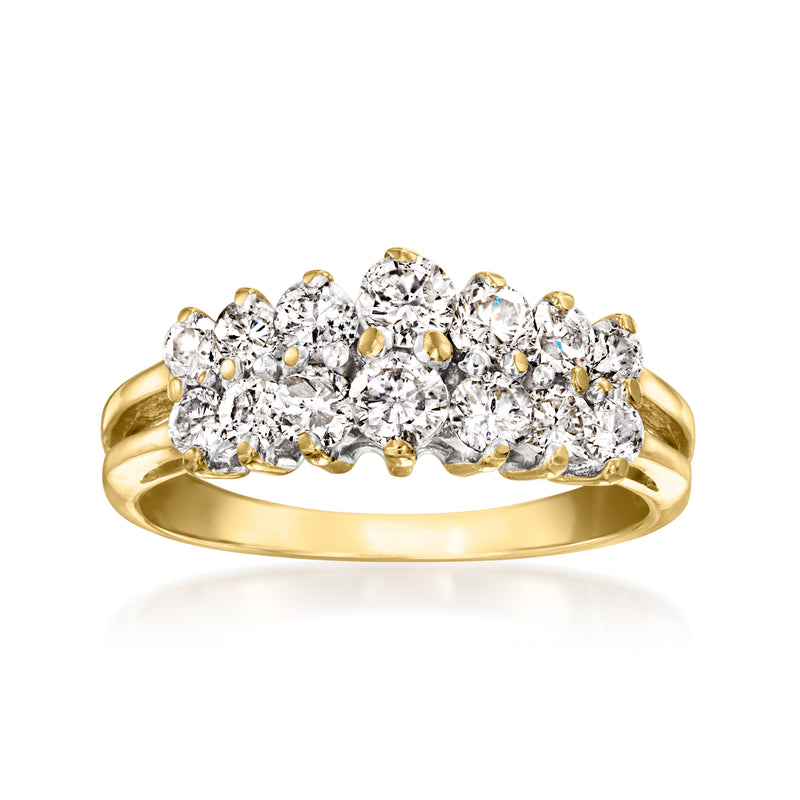 Vintage two-row diamond ring in 14kt yellow gold with round and oval stones