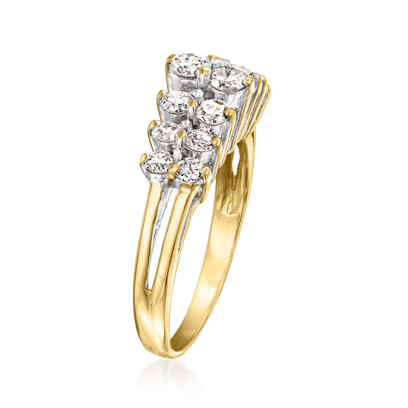 14kt yellow gold two-row diamond ring with round stones, side view