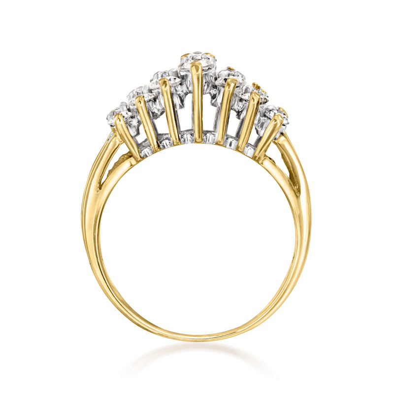 14kt yellow gold diamond two-row ring with prong-set round stones, top view