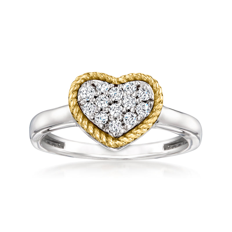 Sterling silver heart diamond ring with 14kt yellow gold pave frame, .25 ct t.w.