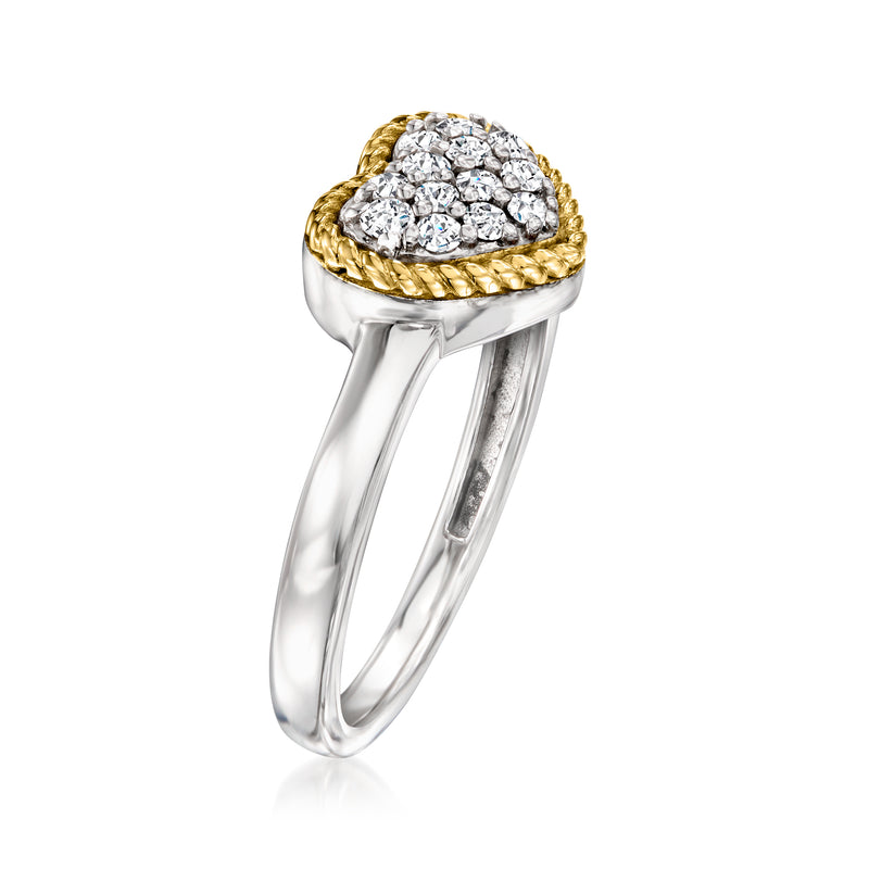 Heart diamond ring with yellow gold pave top and sterling silver band, side view