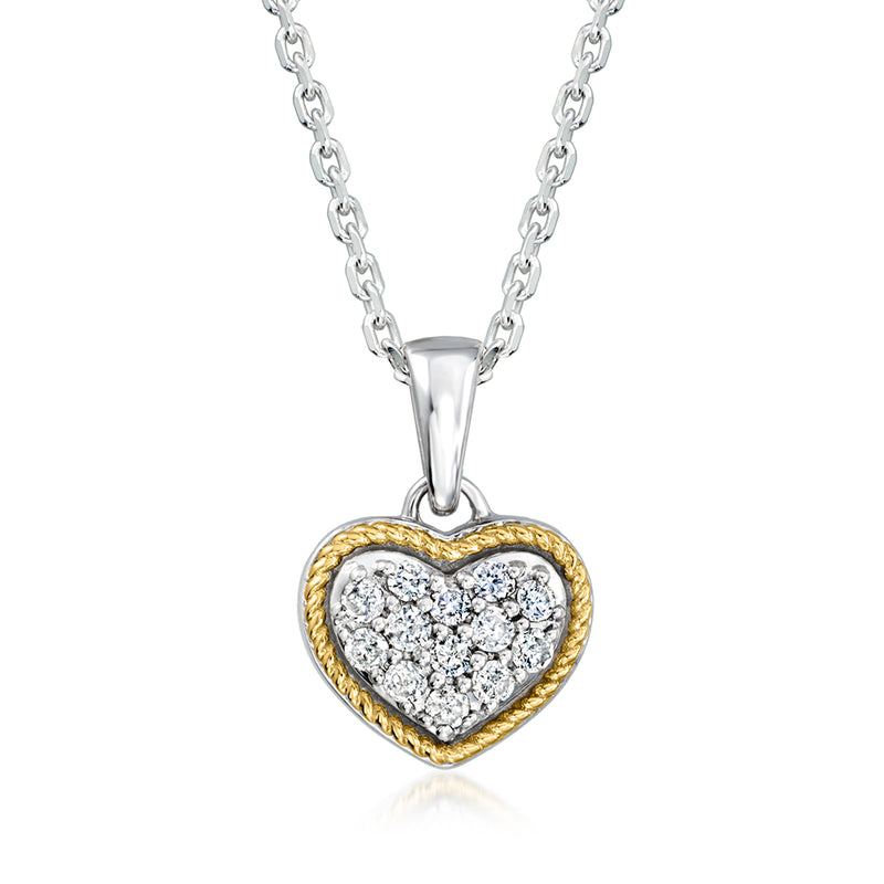 Pave diamond heart pendant necklace in sterling silver and 14kt yellow gold