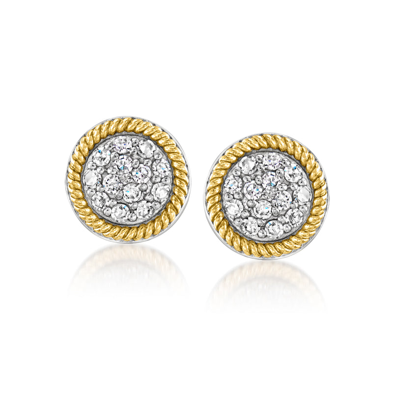 Diamond cluster stud earrings with round stones, yellow gold beaded rim, sterling silver