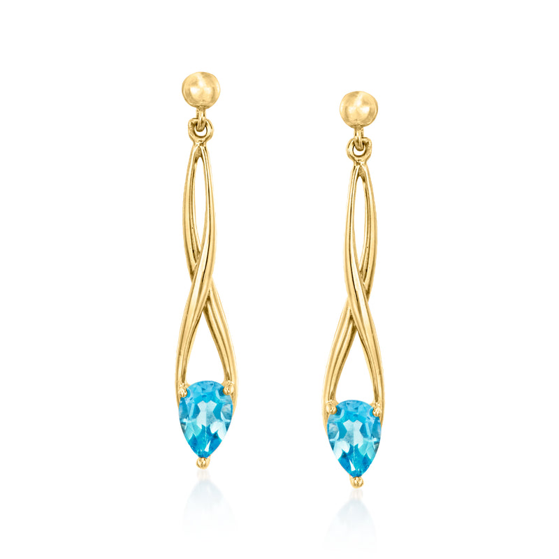 10kt yellow gold twisted drop earrings with blue topaz teardrop stones