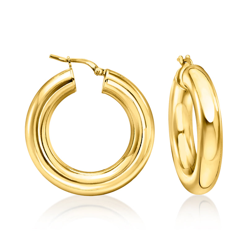 Yellow gold-plated hoop earrings with hinged clasp, polished round hoops