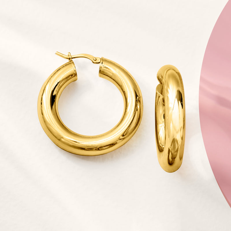 Yellow gold-plated round hoop earrings, side view with hinged closure