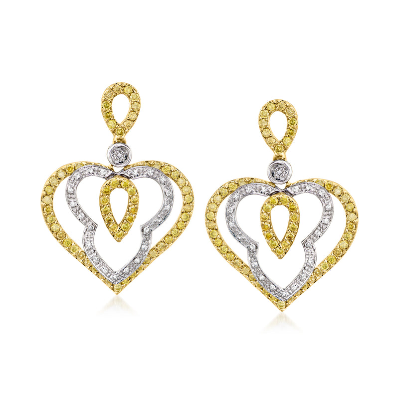 Two-tone gold heart drop earrings with yellow and white diamond accents