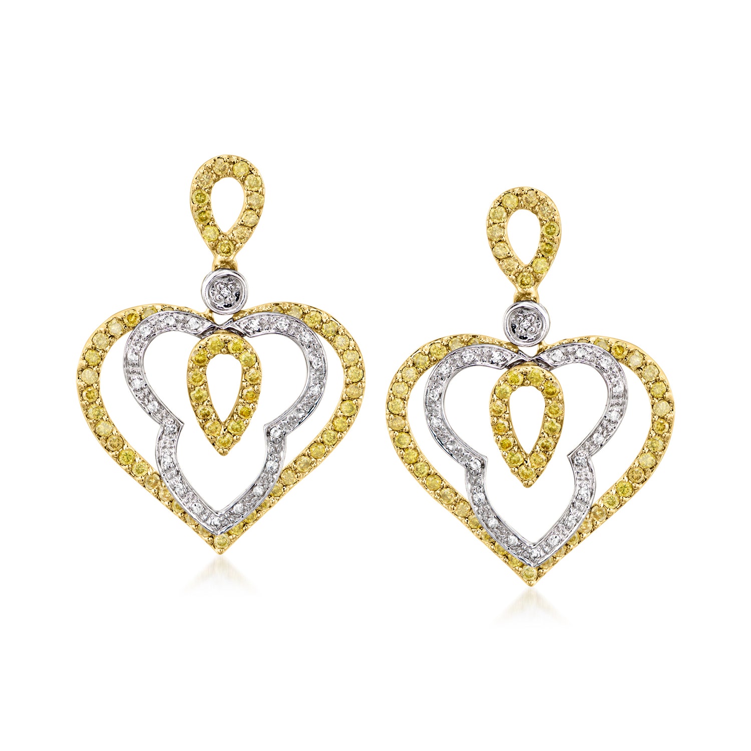 C. 1990 Vintage 2.10 ct. t.w. Yellow and White Diamond Heart Drop Earrings in 14kt Two-Tone Gold