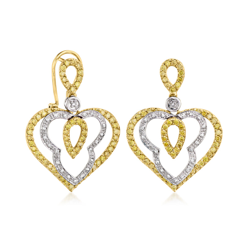 Two-tone gold dangle heart earrings with yellow and white diamond accents