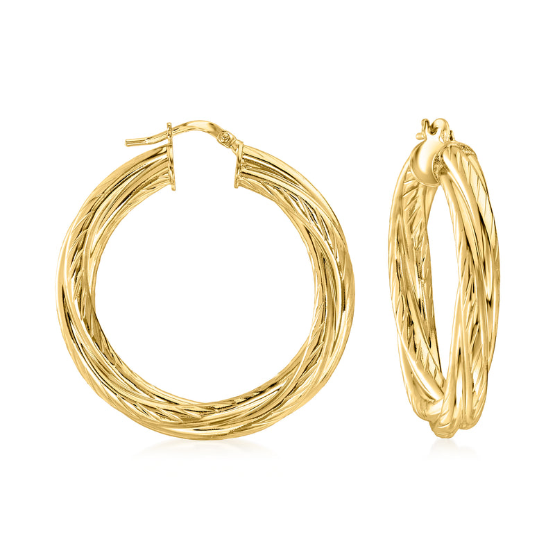 Twisted gold-plated hoop earrings with smooth hinged posts, round cable design.