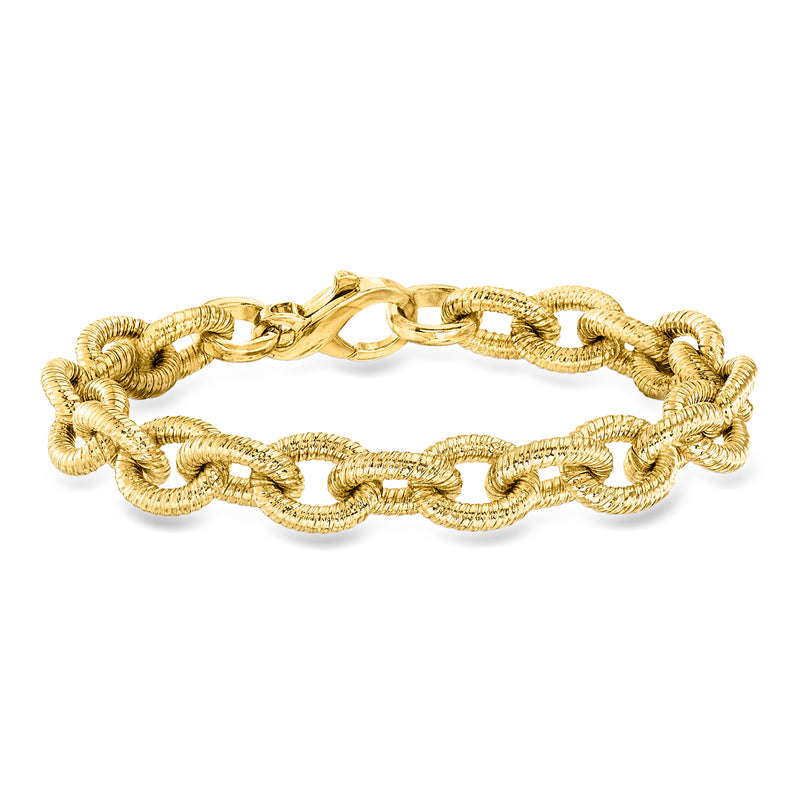 Yellow gold-plated bracelet with oval link chain and textured, braided-style links