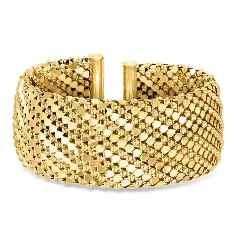 Gold-plated wide cuff bracelet with textured mesh bead pattern, hinged posts at ends