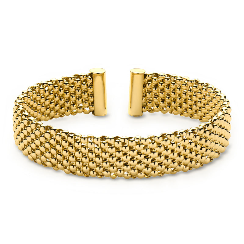 Yellow gold-plated beaded cuff bracelet with mesh texture and two bar ends
