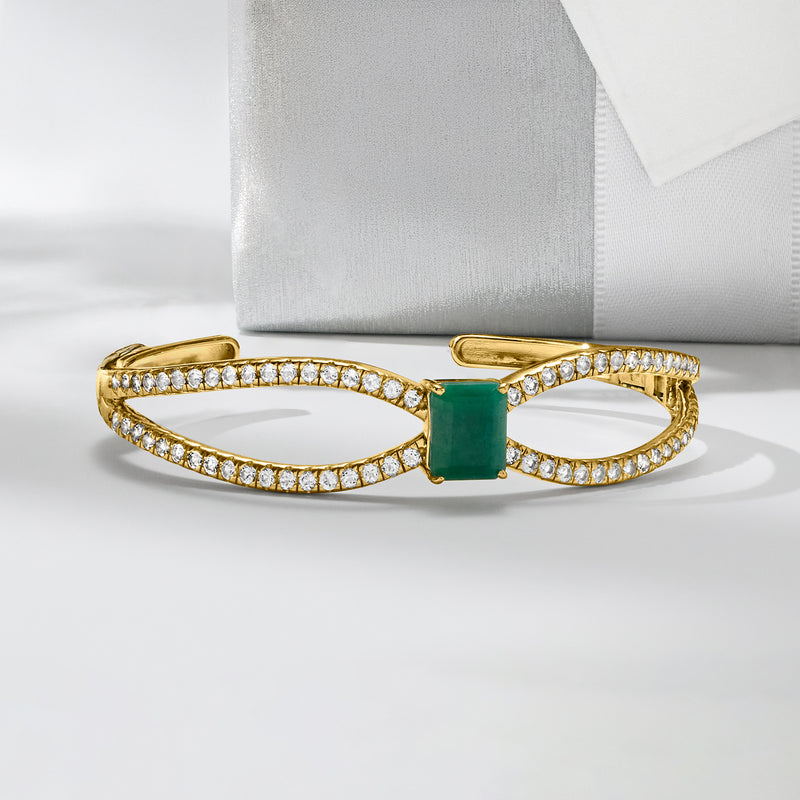 Emerald and white topaz cuff bracelet in gold over sterling