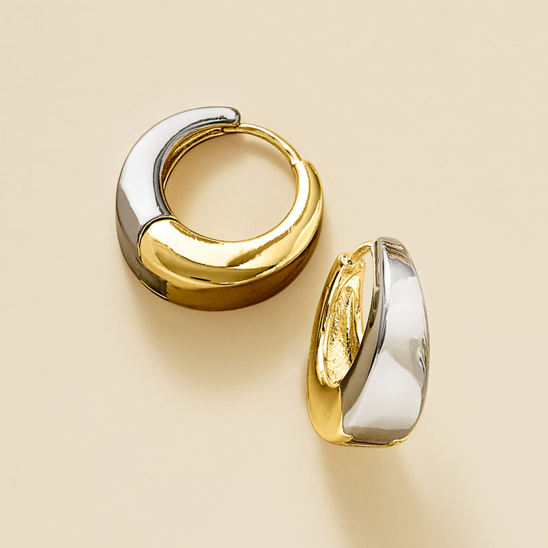 Chunky two-tone hoop earrings, gold and silver hinged profile with high shine