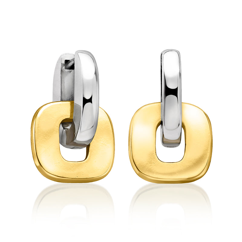 Silver hoop drop earrings with gold-plated oval charm, shiny finish