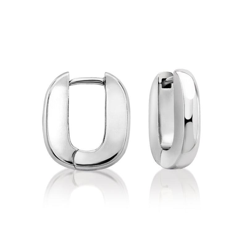 Silver hinged hoop drop earrings, oval hinged frame with glossy shine