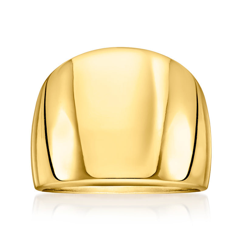 Wide dome ring in yellow gold-plated finish, smooth rounded top and band
