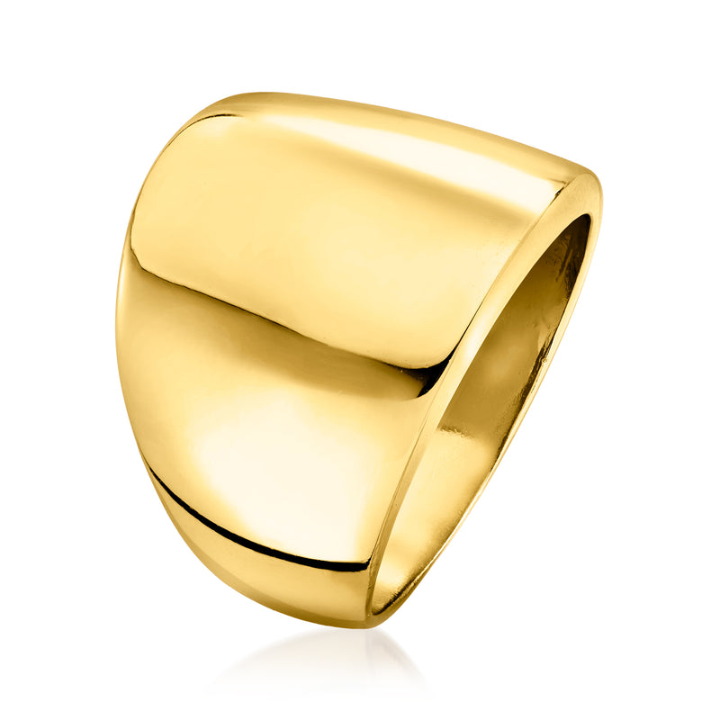 Wide dome ring with curved top, yellow gold-plated band, side view