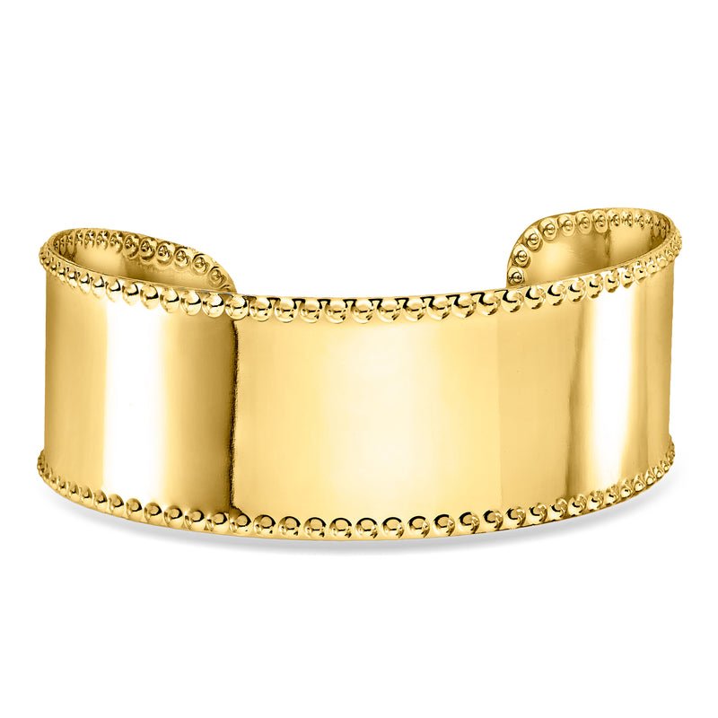 Gold-plated beaded-edge cuff bracelet, wide open band
