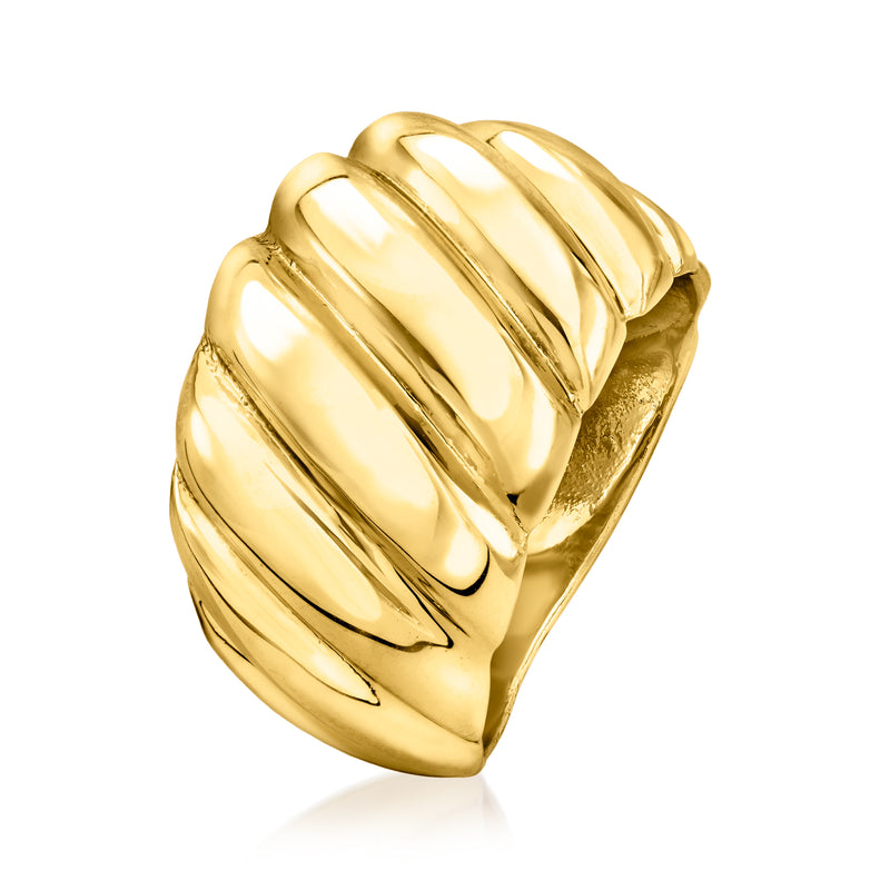 Yellow gold-plated ribbed ring with stacked, polished wave-like ridges