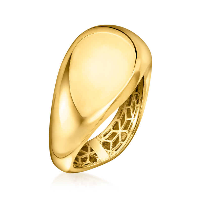 Yellow gold-plated wave ring with smooth oval top and lattice cutout band