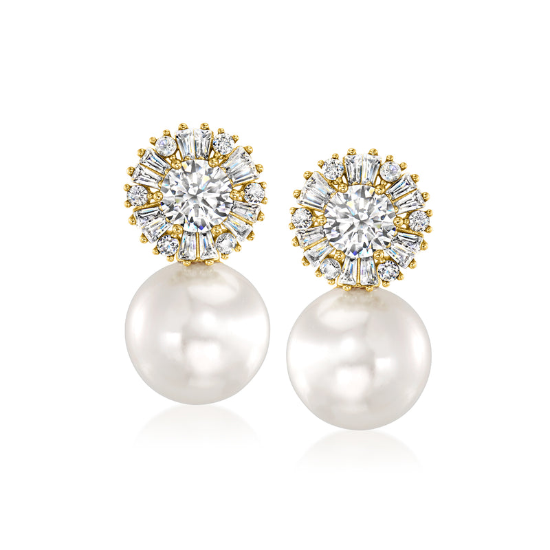 Yellow gold-plated CZ halo drop earrings with simulated pearl dangles