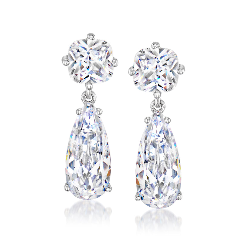 Sterling silver-plated drop earrings with round and teardrop CZ stones