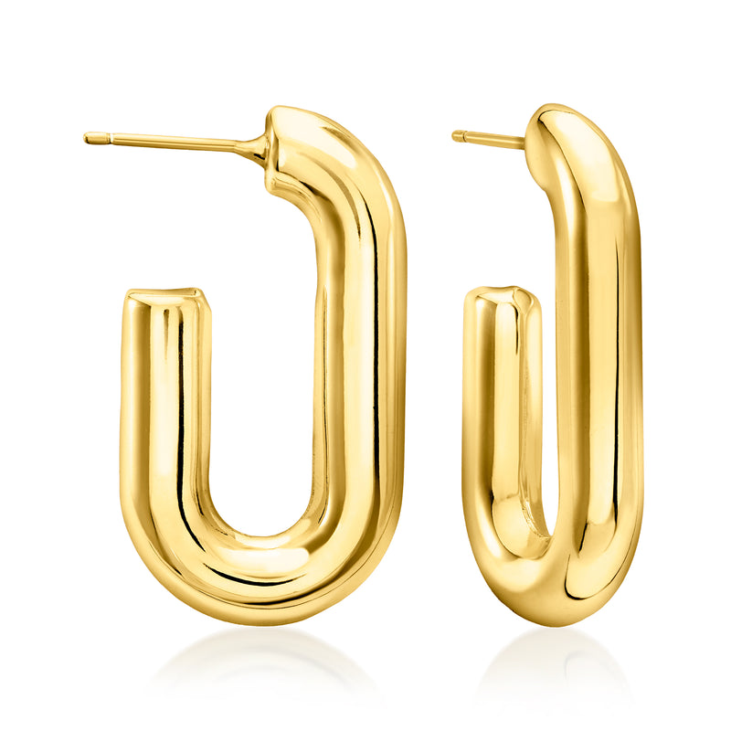Gold-plated linked hoop earrings, U-shaped paper-clip profile