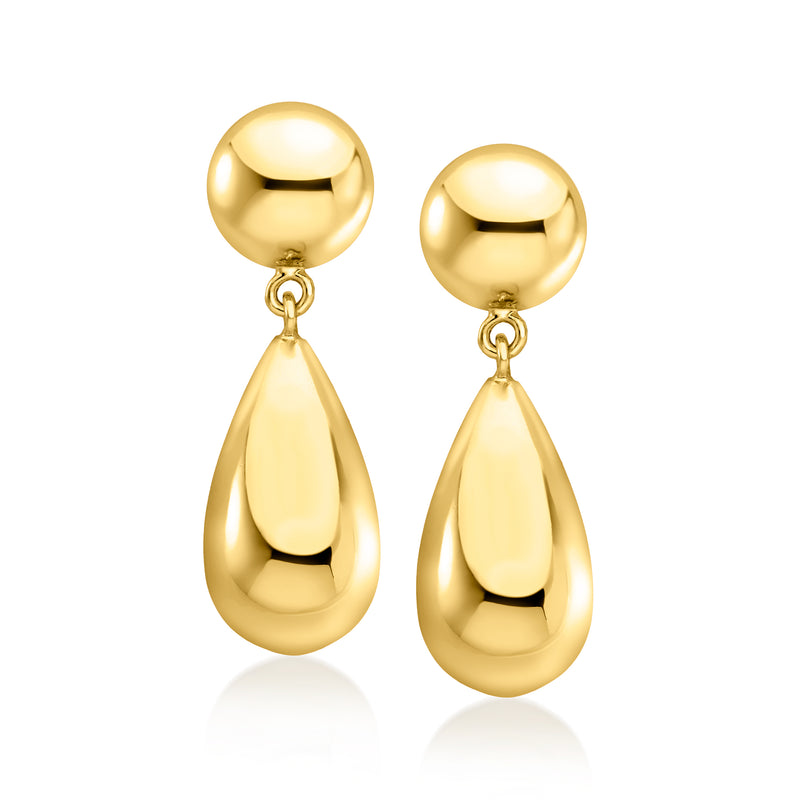 Gold-plated teardrop drop earrings: round tops with teardrop dangles.
