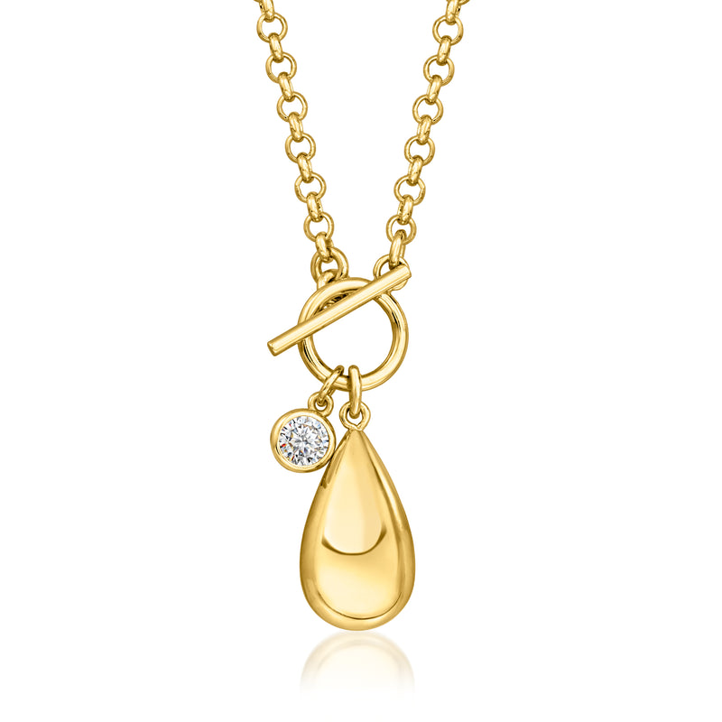 Gold-plated toggle necklace with teardrop pendant and round CZ accents
