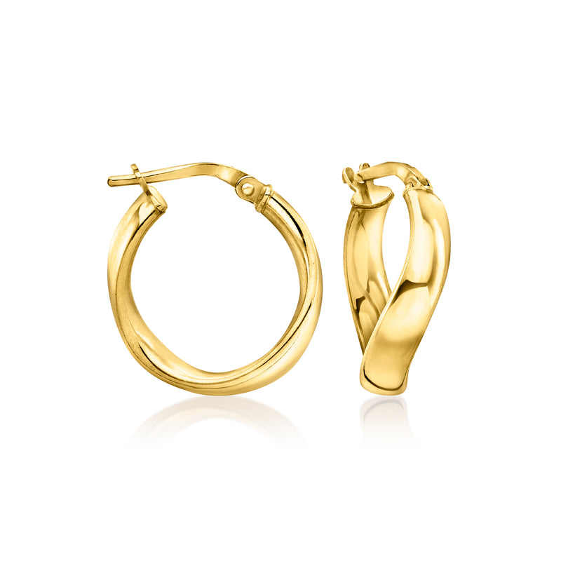 Twisted gold hoop earrings with hinged clasp, twisted tube profile