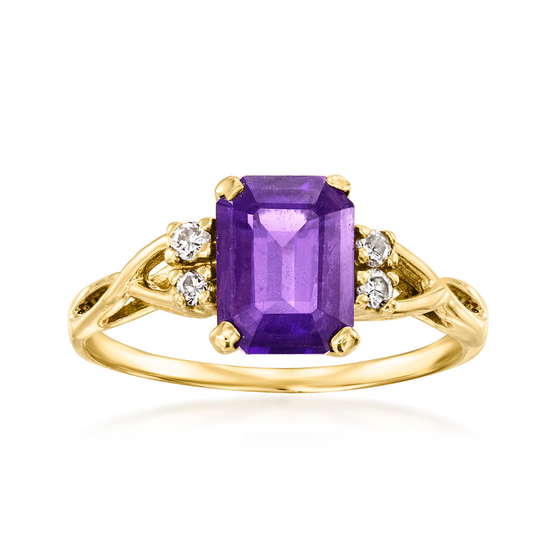Vintage 14kt yellow gold amethyst cushion-cut ring with round diamond accents