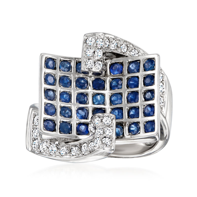 18k white gold ring with blue sapphire grid and round diamond accents, slide style