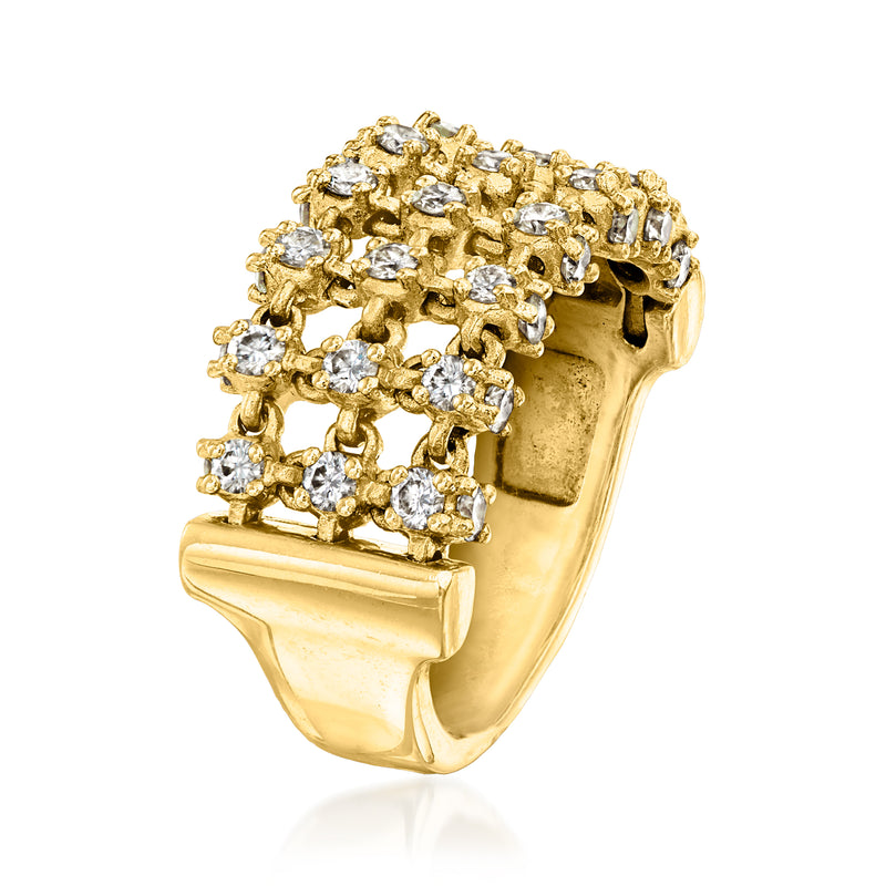 Yellow gold openwork diamond ring with side profile and prong-set round stones