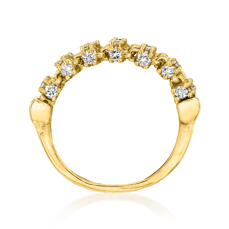 Yellow gold diamond openwork ring with curved band and prong-set round stones
