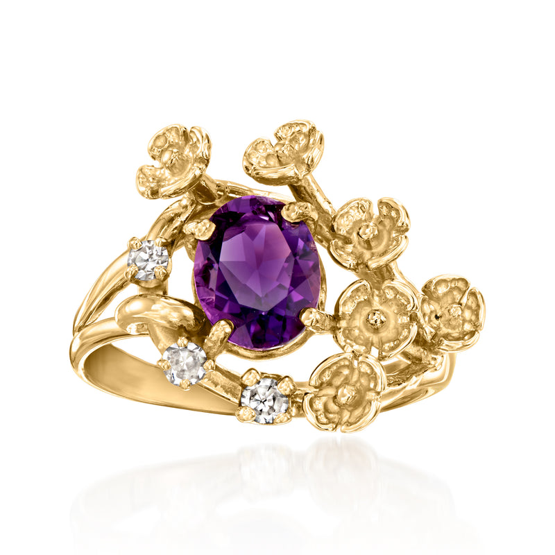 Vintage floral amethyst ring in 14kt yellow gold with small diamond accents