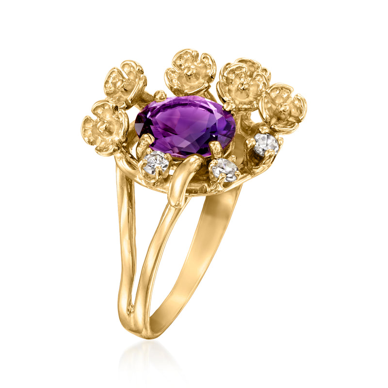 14kt yellow gold floral amethyst ring with round purple center stone and diamond details