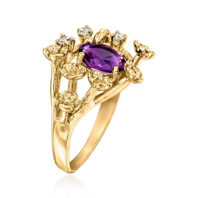 Amethyst gemstone floral ring in 14kt yellow gold with diamond accents, side view